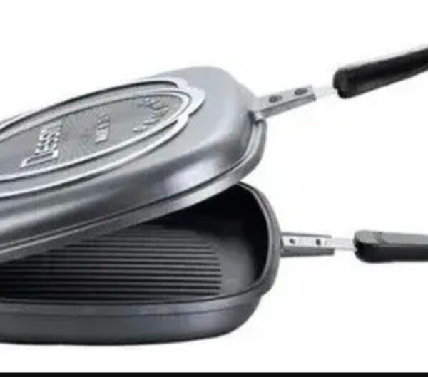 Sartén doble antiadherente cerrado y abierto, ideal para voltear alimentos sin grasa ni pegote, diseño moderno y funcional.